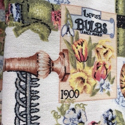 Toile de coton, esprit jardin, pour fabriquer un sac, fête des mères, fleurs, outils, abeilles, tons bleus, neuf, 55 cm/50 cm