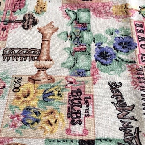 Toile de coton, esprit jardin, idée de sac pour la fête des mères, outils, fleurs, décor rose, 55/50 cm neuf