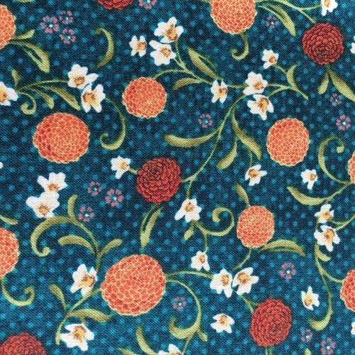 Tissu glow by gundrun erla,  patchwork japonais, coton, fond bleu vert, décor floral orangé, neuf, vente au coupon 55/56
