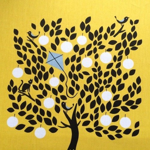 Tissu en toile de coton, jaune, arbre design, noir, avec oiseau et chat, pommes, neuf, 1.50 m /0.50 m
