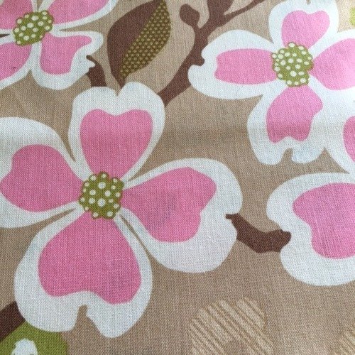 Tissu en coton patchwork, fond couleur kraft, fleurs roses massives, roses, décor moderne blanc, 52/46 cm, neuf