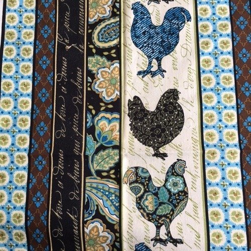 Tissu patchwork en coton, fond bis, de designer, motifs de poules, marron bleu vert noir, neuf, 54/46 cm