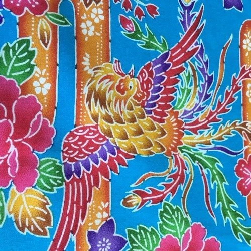 Tissu japonais, en coton, très lumineux, fond bleu électrique, fleurs oiseaux branches multicolores, neuf, vente en coupon 0.80/1.10