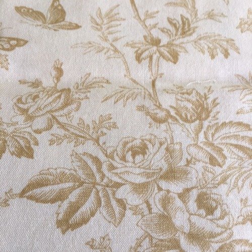 Vintage : tissu en coton, moda, thème des oiseaux, birds, roses, papillons, fond beige, motifs marron, fins, 56/45 cm