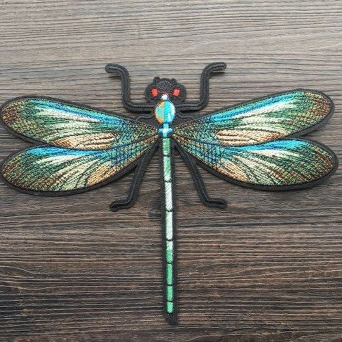 Appliqué géant, libellule tissée, de 26/20 cm, tons turquoise, vert, noir, à coller ou coudre, neuf, à l'unité