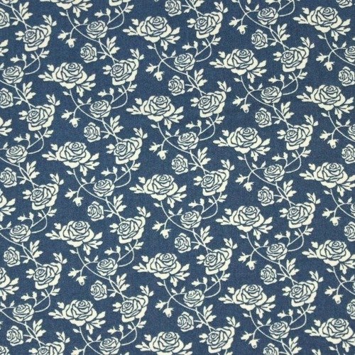Tissu en 100 % coton, patchwork, roses and hubble, petites roses crème, sur fond bleu, neuf, vente par coupon de 55/50 cm