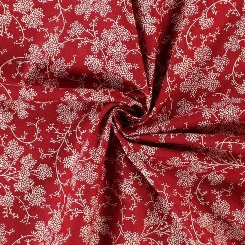 Tissu 100 % coton, patchwork, quilting, ambiance campagne, fleurs blanches sur fond rouge, neuf, 65/50 cm