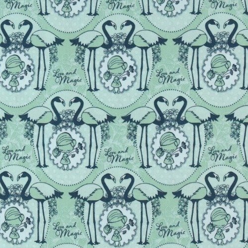 Coupons : tissu en 100 % coton öeko-tex, vert menthe et multicolore, flamants, fillette, vente par 45 cm/55 cm
