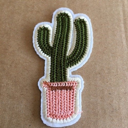 Appliqué, embellissement, à repasser au fer, ici un cactus en pot rose, de 6.7 cm/4 cm, neuf, à l'unité