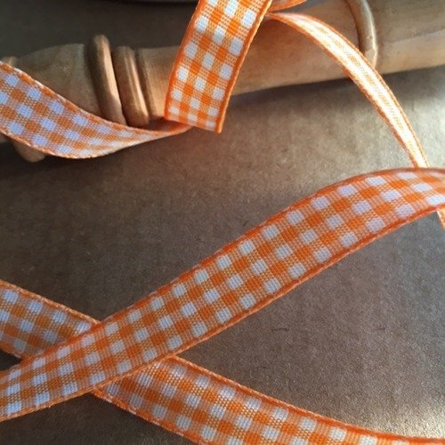 Ruban vichy, carreaux oranges et blancs, 1 cm de large, en polyester, neuf, vendu au mètre