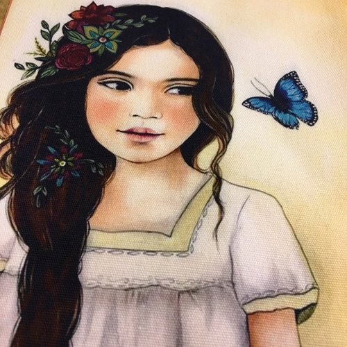 Appliqué, sur toile de coton, peinte, à coudre, ici la jeune fille au papillon, taille : 19.5/15 cm, vente à l'unité
