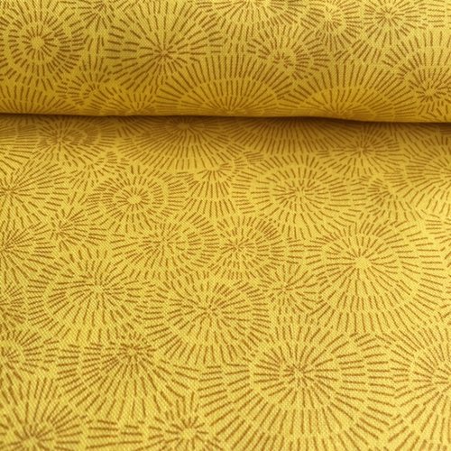 Tissu en coton, de marque stof, france, tournesols, stylisés, soleils, jaune et noisette, vente par 25 cm /110cm