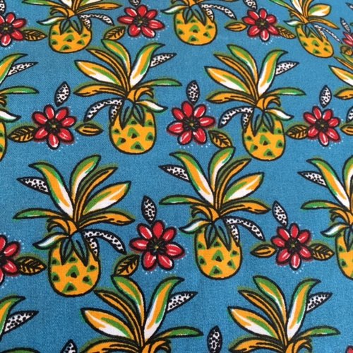 Tissu couture, en coton, avec des ananas ! bleu turquoise avec fleurs, fruits, laize de 150 cm, vente par 25 cm