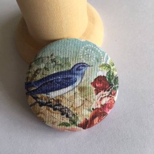 Magnifique grand bouton recouvert, l'oiseau bleu, sur toile, 40 mm, neuf, vendu à l'unité