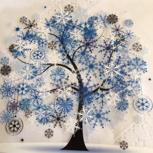 Magnifique patch, un arbre enneigé, traduit en bleu et blanc, 23/22 cm, à fixer au fer, sur tee-shirt, sac en toile, à l'unité