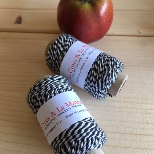 Noël : fil baker twine, 35 mètres, bobine de 10 grammes, coton noir et blanc, vendu à la bobine