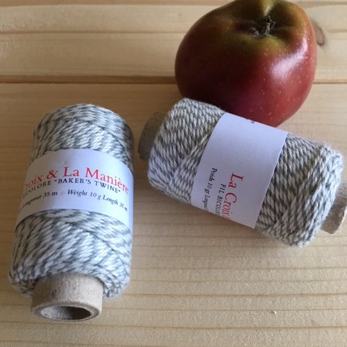Noël : fil baker twine, 35 mètres, bobine de 10 grammes, coton gris et blanc, vendu par bobine