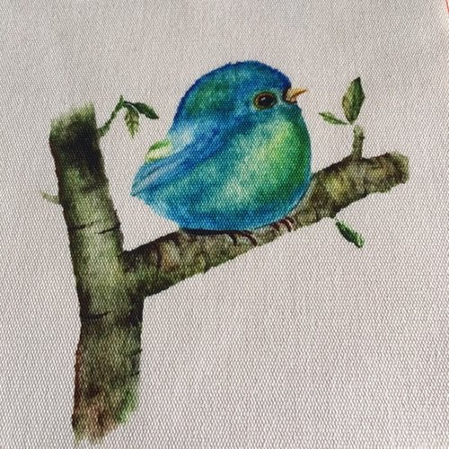 Appliqué à coudre, pièce de coton solide, de 15/15 cm, avec un oiseau bleu-vert, peint, vente à l'unité