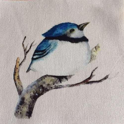 Appliqué sur toile de coton, 15/15 cm, à coudre, oiseau bleu et blanc, 9/9 cm, sur une branche enneigée, vendu à la pièce