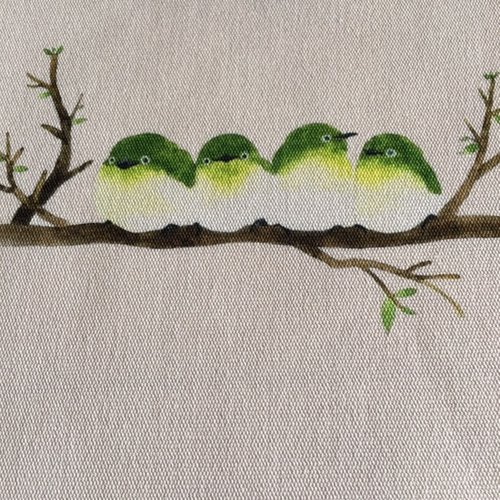 Appliqué, sur toile à coudre, de 15/15 cm, 4 oiseaux verts, sur la branche, 14/6.5 cm, à la pièce