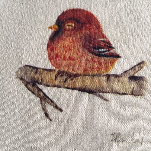 Appliqué sur toile signée, de 19/19 cm, en coton, oiseau qui dort, sur sa branche, roux et brun, 11/10.5 cm, vente à l'unité