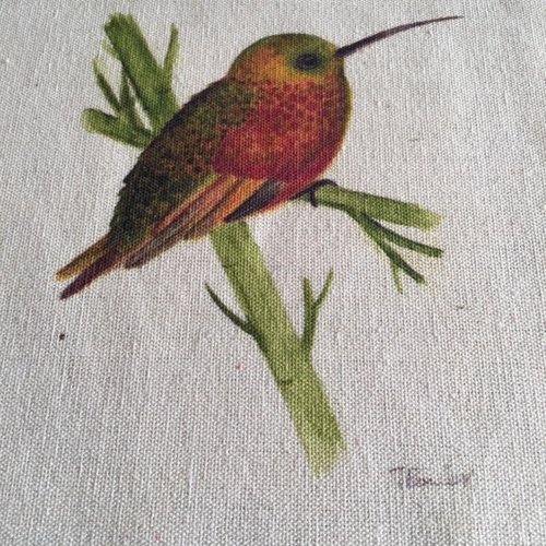 Embellissement, sur toile en coton, 19/19 cm, un oiseau orangé et brun, 11/14 cm, sur sa branche de bambou, à la pièce
