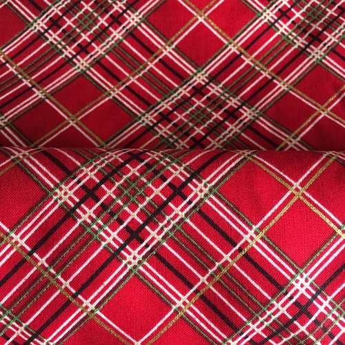 Tissu en coton, timeless treasures, plaid red fabric, tissu écossais, avec fil doré, vente par 45 cm /55 cm de large