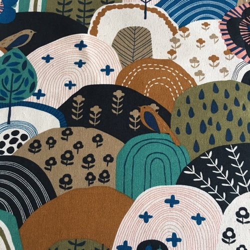Tissu en coton,  décor : la nature, décor d'oiseaux, d'arbres, bleu, blanc, ocre, sacs, coussins, vente par 45/57 cm