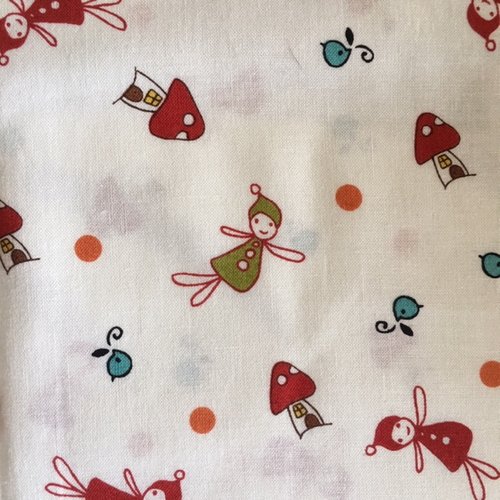 Tissu lecien, japonais, en coton blanc, avec des enfants, des oiseaux, maisons champignons, 44 cm/55 cm de large