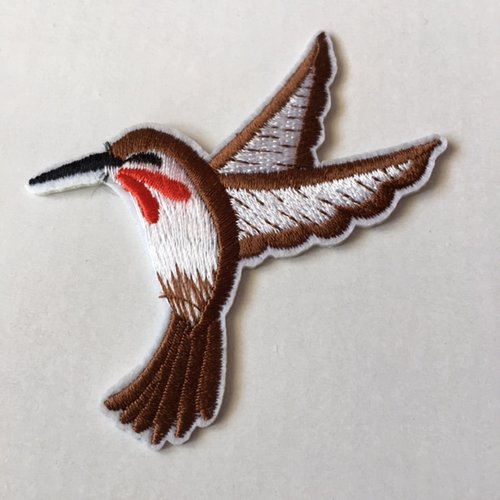 Appliqué, oiseau, à coller au fer, un colibri brun blanc et rouge, tissé, 7/7.5 cm, vendu à la pièce