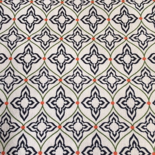 Tissu en coton,güterman, fond blanc, motifs géométriques marine, vert, orange, souple et léger, vente par 50 cm/140 cm