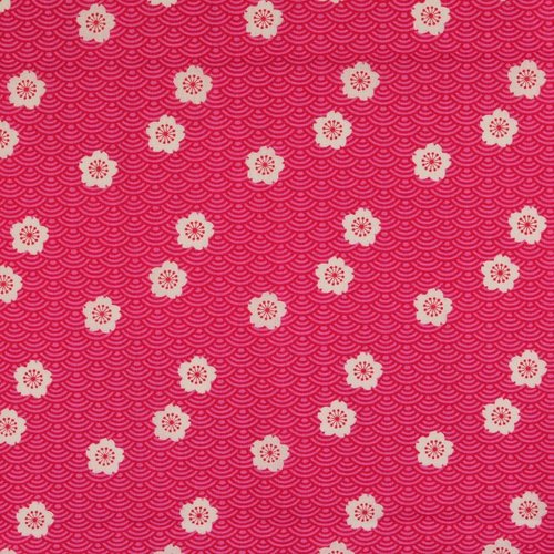 Tissu en coton, à motif japonais, vagues et fleurs de cerisier, fuchsia et blanc, laize de 135 cm, vente par 25 cm de haut