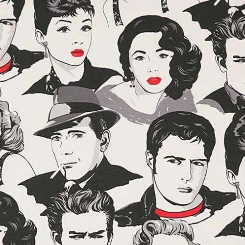 Tissu polyester et coton, de décoration, portraits d'artistes de cinéma, noir et blanc,laize de 140 cm, vente par 50 cm de haut