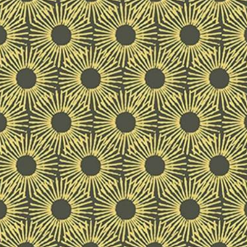 Tissu en coton, punch de stof, tons jaune et noir, tournesols stylisés, 2.5 cm, vente par 25 cm de haut sur 110 cm de laize