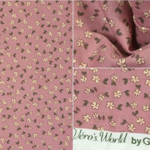 Tissu en coton, gütermann, vieux rose et petites fleurs écrues, couture, patchwork, vente par 25 cm/145 cm