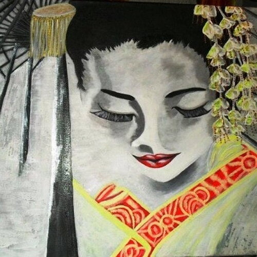Rêveries d'une geisha, peinture acrylique et encre de chine noire, cadeau, toile coton, peinture moderne.
