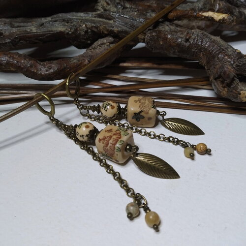 Boucles d'oreilles ethniques asie, perles céramiques ethniques, boucles ocre et sable, jaspe paysage, rustiques, cadeau femme.