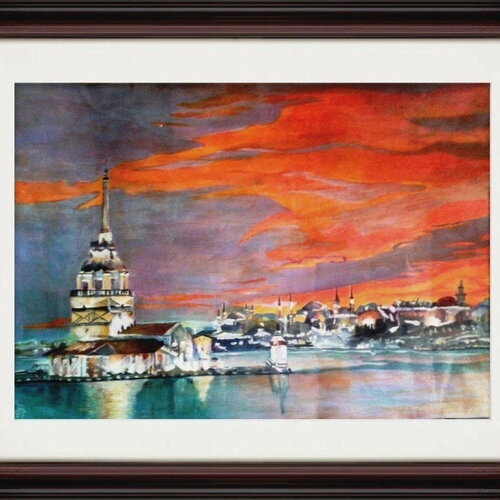 Crépuscule sur istanbul d'après photo, peinture acrylique sur papier spécial peinture paysage, cadeau unisexe.
