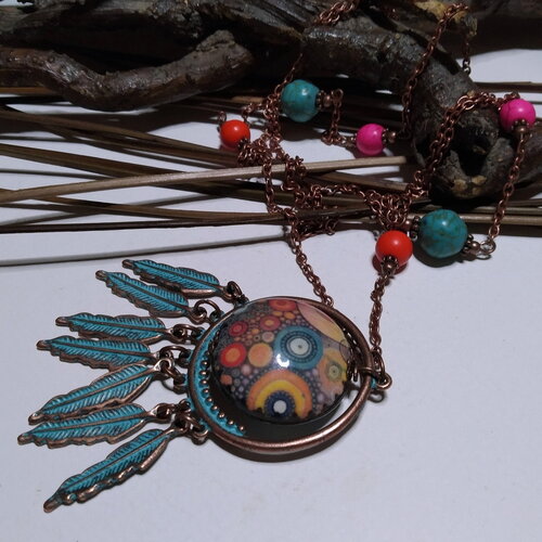 Élégant collier bohème/hippie, pendentif cuivré style mykonos et grosse perle artisanale porcelaine multicolore, howlite teintée, cadeau