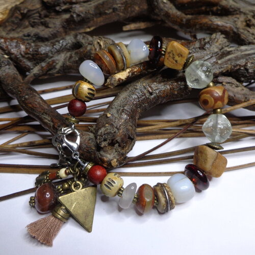 Bracelet ethnique unisexe rustique, jaspe/agates dzi, perles artisanales indonésiennes, lampwork, os, marron/blanc, semi-rigide,cadeau femme