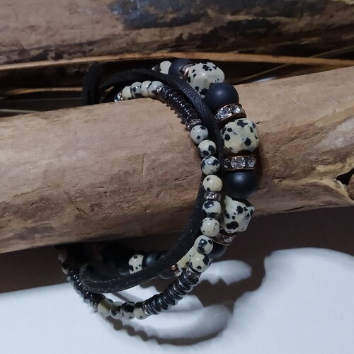 Bracelet bohème jaspe dalmatien/hématite et onyx mate, bracelet pierres fines, bohème chic noir et ivoire, 2 rangs, gemmes, cadeau femme