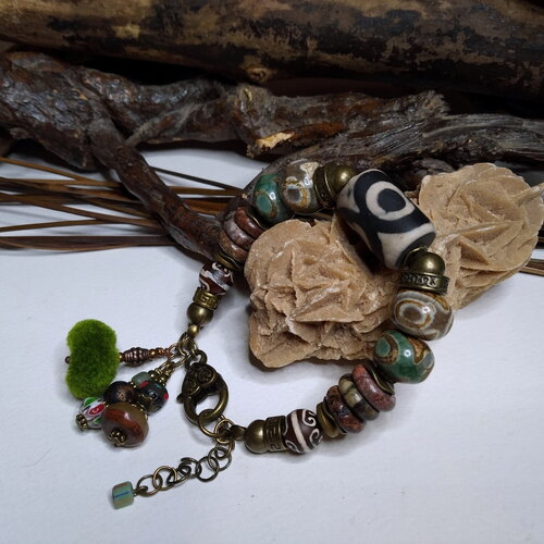 Bracelet bohème, ethnique chic, grosses perles tibétaines agates dzi, jaspe picasso, gemmes, marron/vert, couleurs automne, cadeau femme