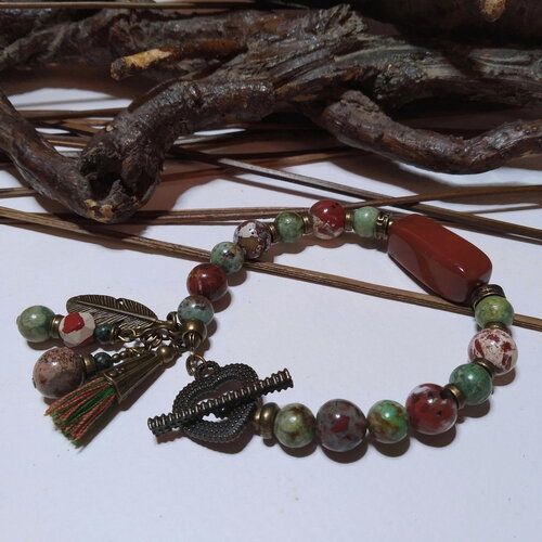 Bracelet bohème, tubrquoise africaine et jaspe rouge et jaspe brèche, ensemble pierres gemmes, vert/rouge, classique, cadeau femme