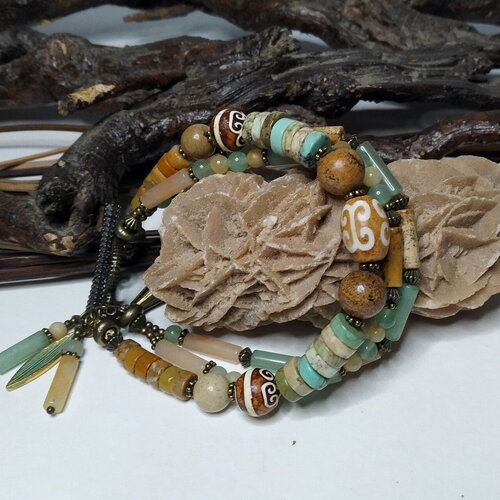 Bracelet multi rangs bohèmes, perles de serpentine, agate dzi, jaspe paysage, aventurine vert/jaune, bracelet pierres gemmes, cadeau