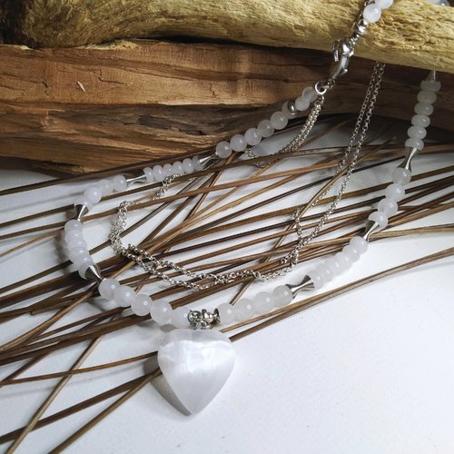 Collier en agate laiteuse et pendentif cœur en quartz, blanc lumineux, clair et gai, boho chic, romantique, fête cérémonie