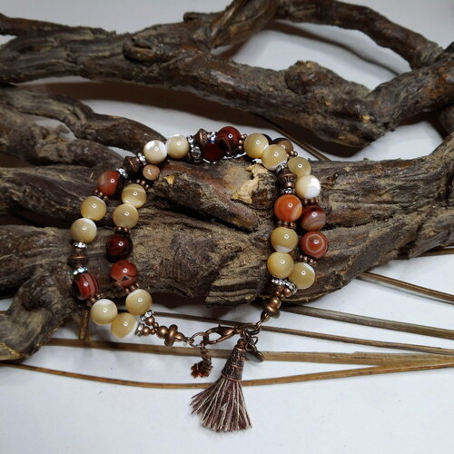 Bracelet 2 rangs bohème chic, agates sardonyx et nacre trochus, rouge et beige nacré, pierres gemmes, cadeau femme