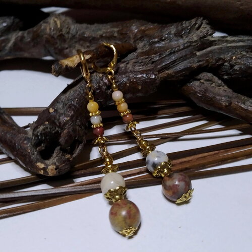 Boucles d'oreille longilignes en agate crazy lace, pierres gemmes naturelles, boho chic, couleurs naturelles et or, cadeau femme