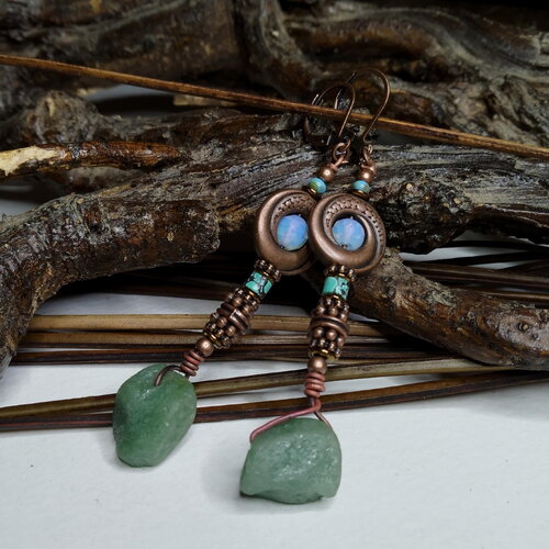 Boucles d'oreilles bohèmes amazonite brute, bleu-vert, perle d'opaline facettée, rustique urbain, minimaliste, printemps, été cadeau femme.