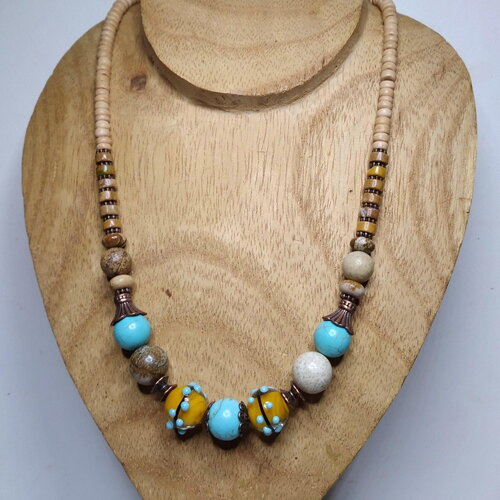 Collier court boho chic, perles artisanales lampwork, jaspe paysage/howlite/larderite/coco, bleu/ocre/marron, gemmes, printemps,cadeau femme