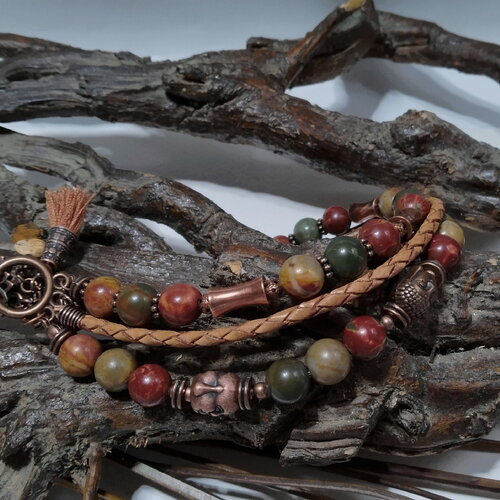 Beau bracelet bohème 3 rangs, jaspe picasso, cuir tressé, couleurs automne, gemmes multicolores naturelles, poignets fins, cadeau femme